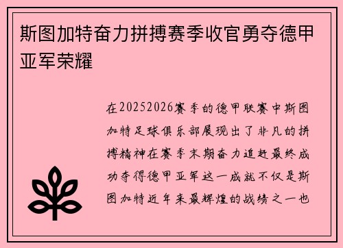 斯图加特奋力拼搏赛季收官勇夺德甲亚军荣耀