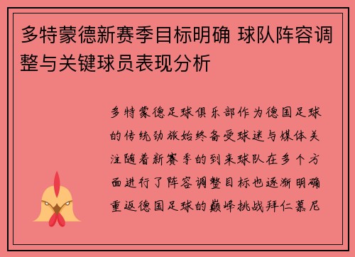 多特蒙德新赛季目标明确 球队阵容调整与关键球员表现分析