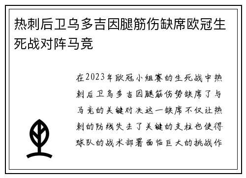 热刺后卫乌多吉因腿筋伤缺席欧冠生死战对阵马竞